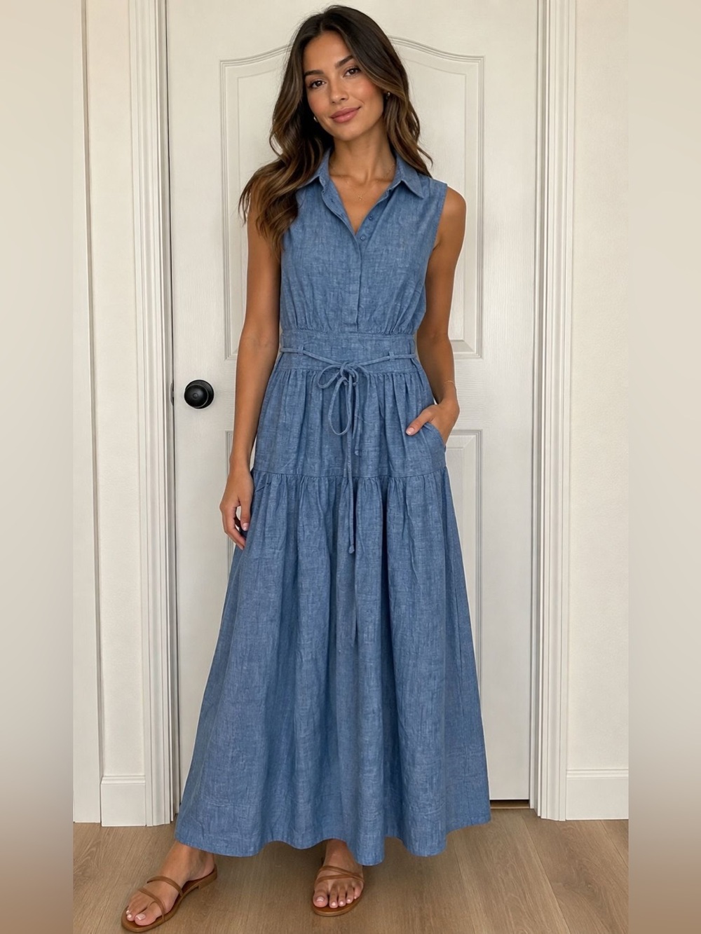 Sleeveless Blue Tie-Waist Maxi Dress